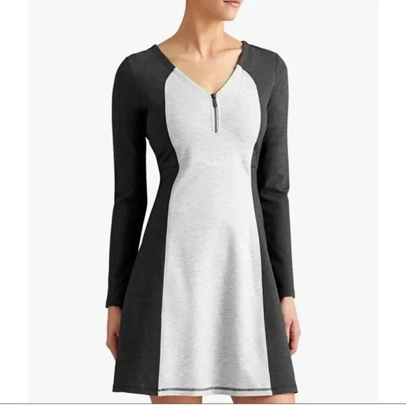 Athleta Whereupon Colorblock Fit & Flare V-Neck Zip Ponte Athleisure Dress(S) - Picture 1 of 9